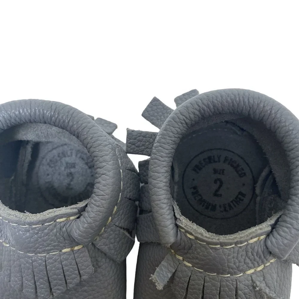 FRESHLY PICKED Baby Shoes Gray Leather Moccasins Up to 12 months Western Fringe